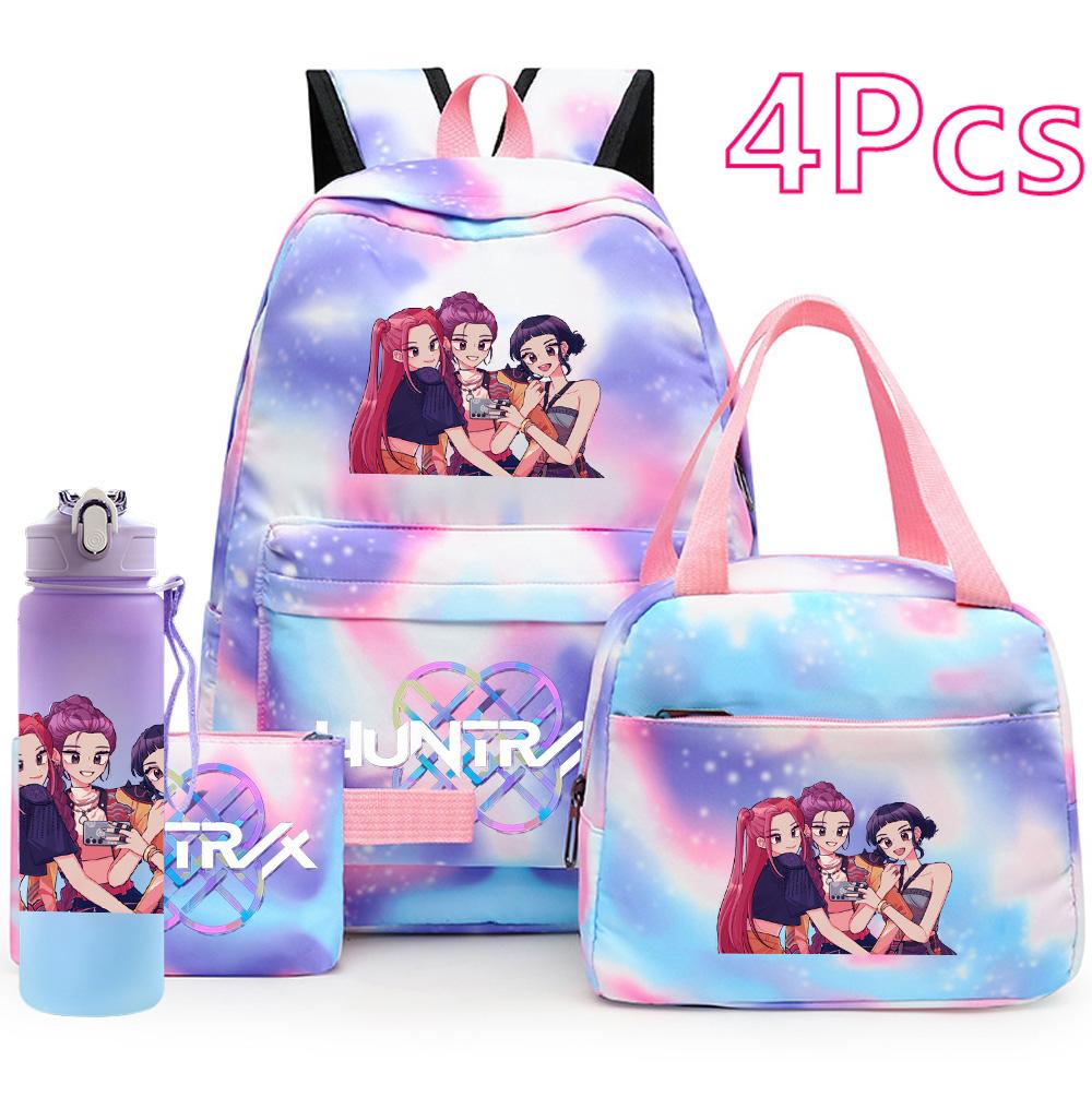 4Pcs/set Cartoon K-Pop Printed Backpack Handbag Pencil Case with 750Ml Water Bottler for Teenager Boy Girl Schoolbag Large Capacity Bookbag Mochila