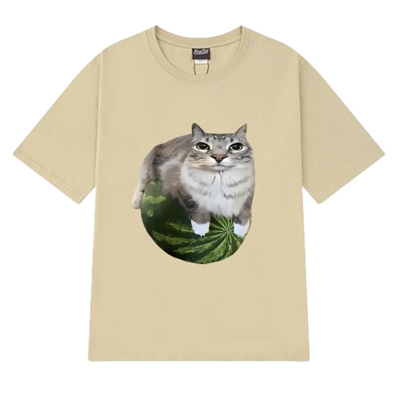 Funny Watermelon Cat Silly Cat Meme Printed T Shirt 2025 New Men Women Oversized Short Sleeve T-shirts Unisex 100% Cotton Tops