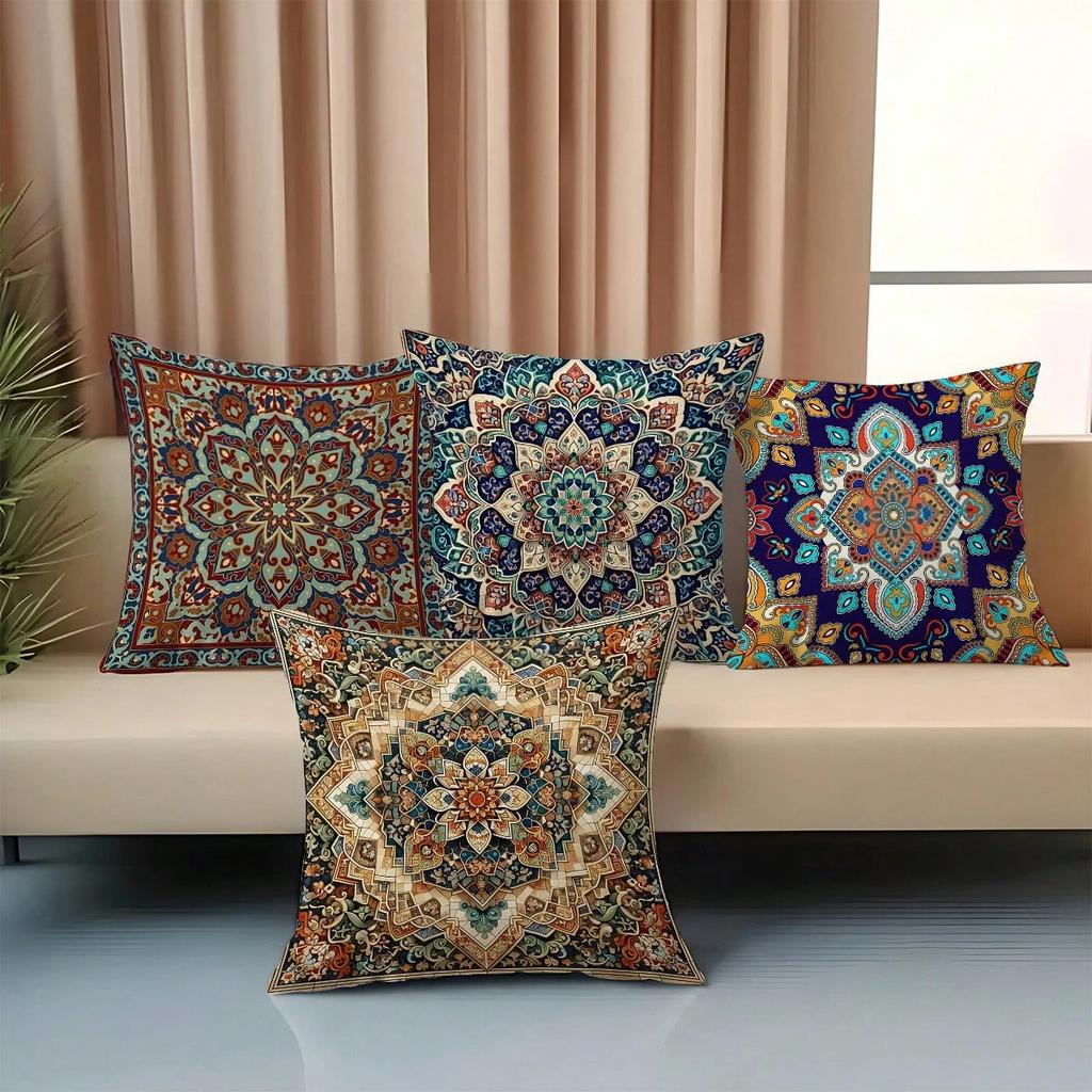 1Pc Bohemian Mandala Plaid Pillow Covers, Zipper Closure, Decorative Cushion Cases For Sofa Bedroom (No Inserts)