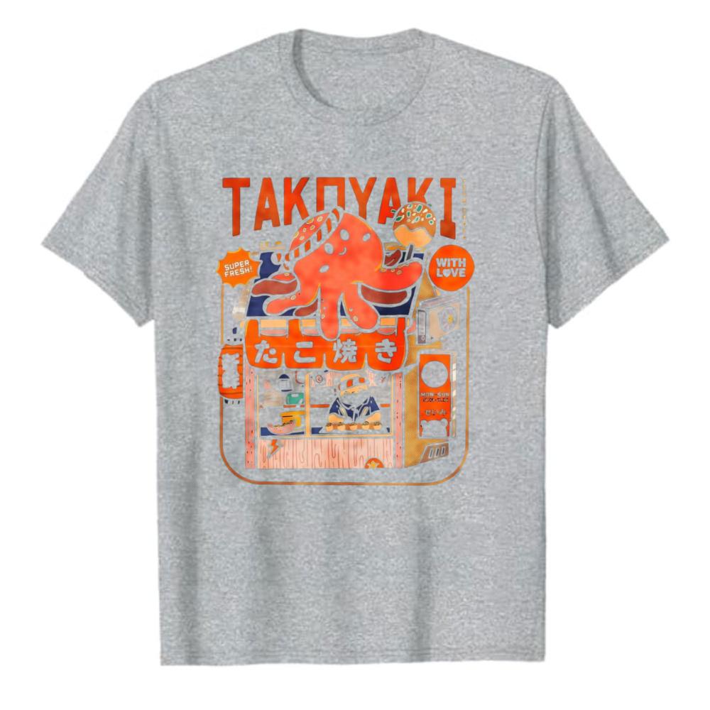 Vintage Takoyaki Japanischer Essensstand Oktopus Grafik T-Shirt Retro Anime Stil Baumwolle Locker Streetwear Lässig Unisex Tägliche Oberteile