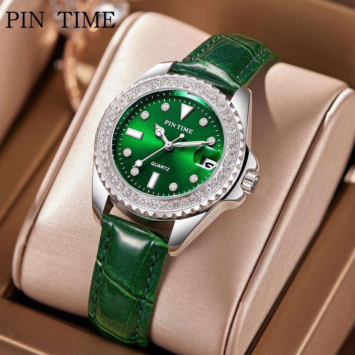 

PINTIME Ремень Часы Модный Тренд Зеленый Маленькая Группа Бриллиант Инкрустация Календарь Свечение Водонепроницаемые Часы Женщины