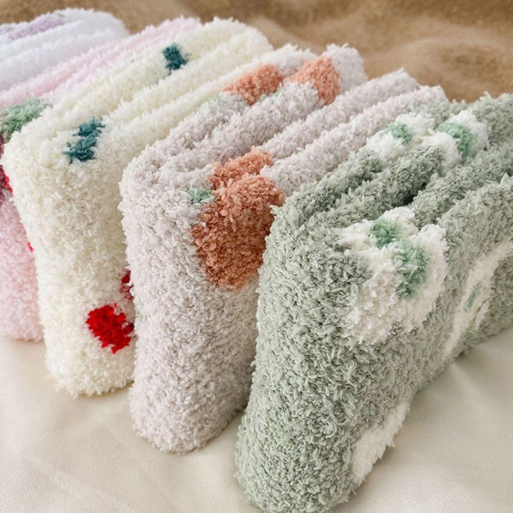 Flower Strawberry Coral Fleece Socks Winter Warm Socks Women Soft Floor Plush Socks  Winter