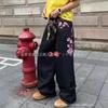 2026 Mens Wide Leg Denim Pants Streetwear Embroidered Cherry Blossom Heavyweight Cotton Jeans No Stretch