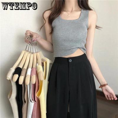 Roman Knitted Cropped Vest Women's Solid Color Casual Top Summer Vest Basic Knitted Bottoming Suspender Korean Fashion