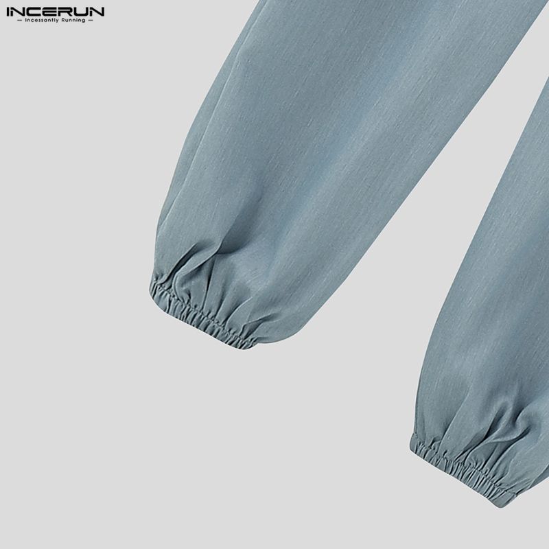 INCERUN Men Lapel Neck Long Sleeve Belt Solid Color Casual Buttons Long Jumpsuits Rompers
