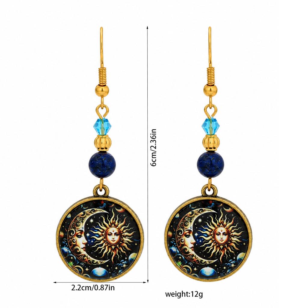 Explosive gold and blue contrasting color earrings, retro mysterious sun and moon, starry sky, universe earrings for women