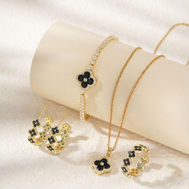 Elegant Floral Clover Jewelry Set Women Earrings Necklace Bracelet Ring In Chic Style Copper Plated
