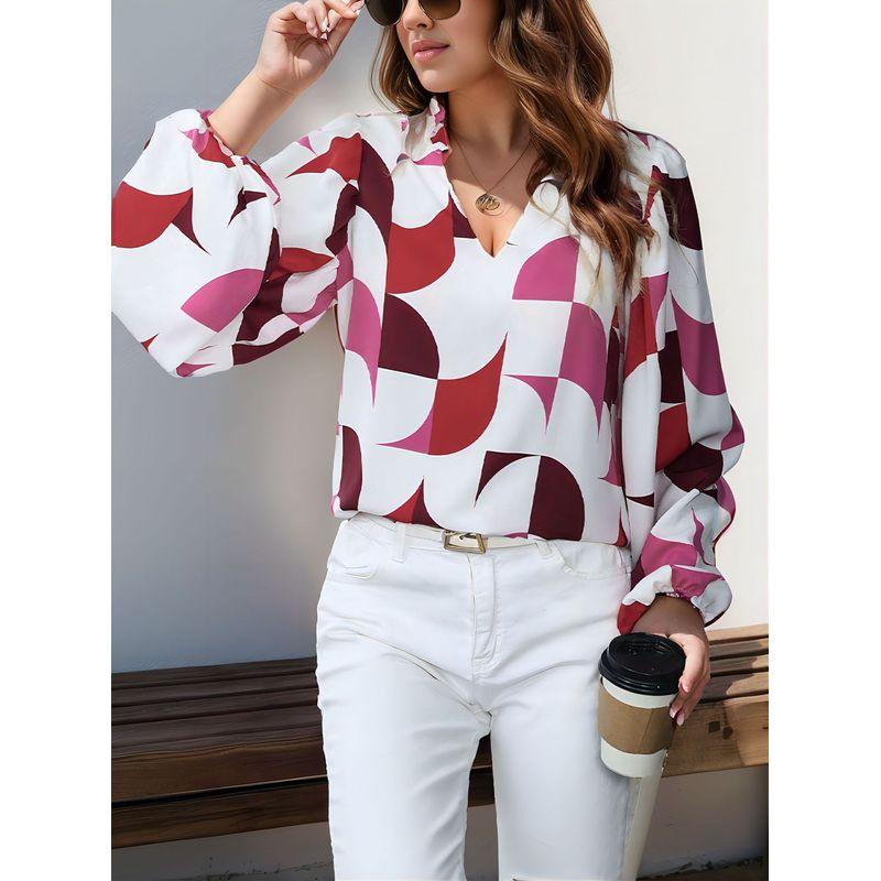 

European and American Cross-Border Export Autumn and Winter Trendy Women s Fashion V-neck Long sleeve Shirts Pullover Print Top Commuter Temperament White 2XL (Bust size 117)