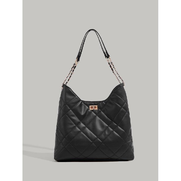 Quilted tote bag with a high-end feel, women s 2025 new model, large-capacity commuter bag, versatile for summer чёрный