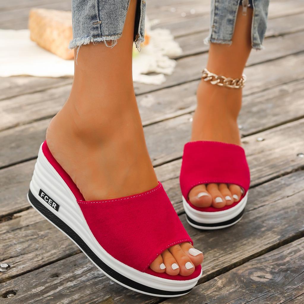 Fashion Slippers for Women Basic Beach Wedges Mid Heels Leopard Print Shoes Woman Solid Flock Platform Summer Shoes Plus Size