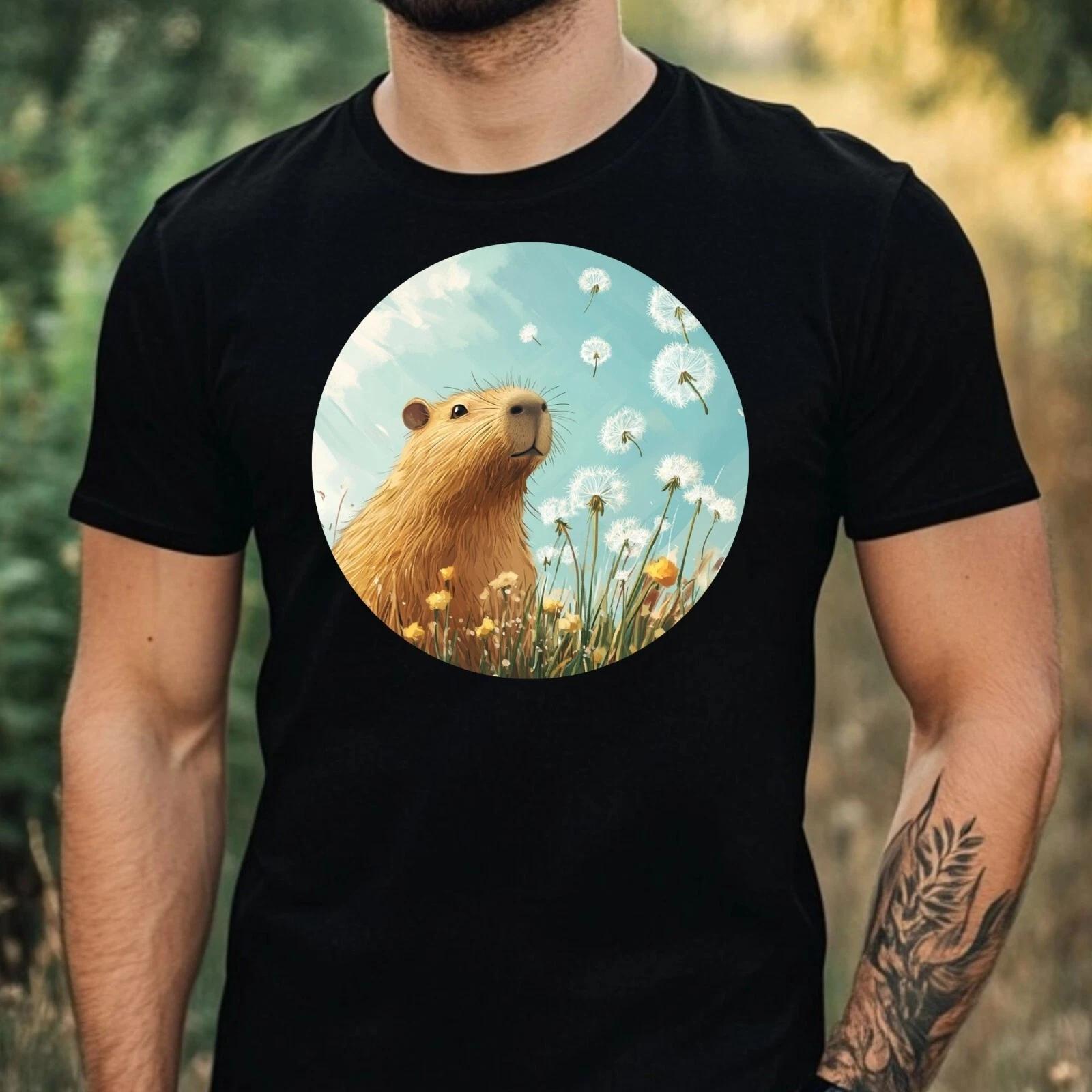T-Shirt Herren Capybara mit Löwenzahn Motiv Baumwolle Größe XS bis 5XL XXXXL