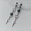 Gothic Punk Silver Color Asymmetrical Black Round Bead Hollowed-out Star Dangle Earrings for Girl Halloween Hip-hop Rock Jewelry
