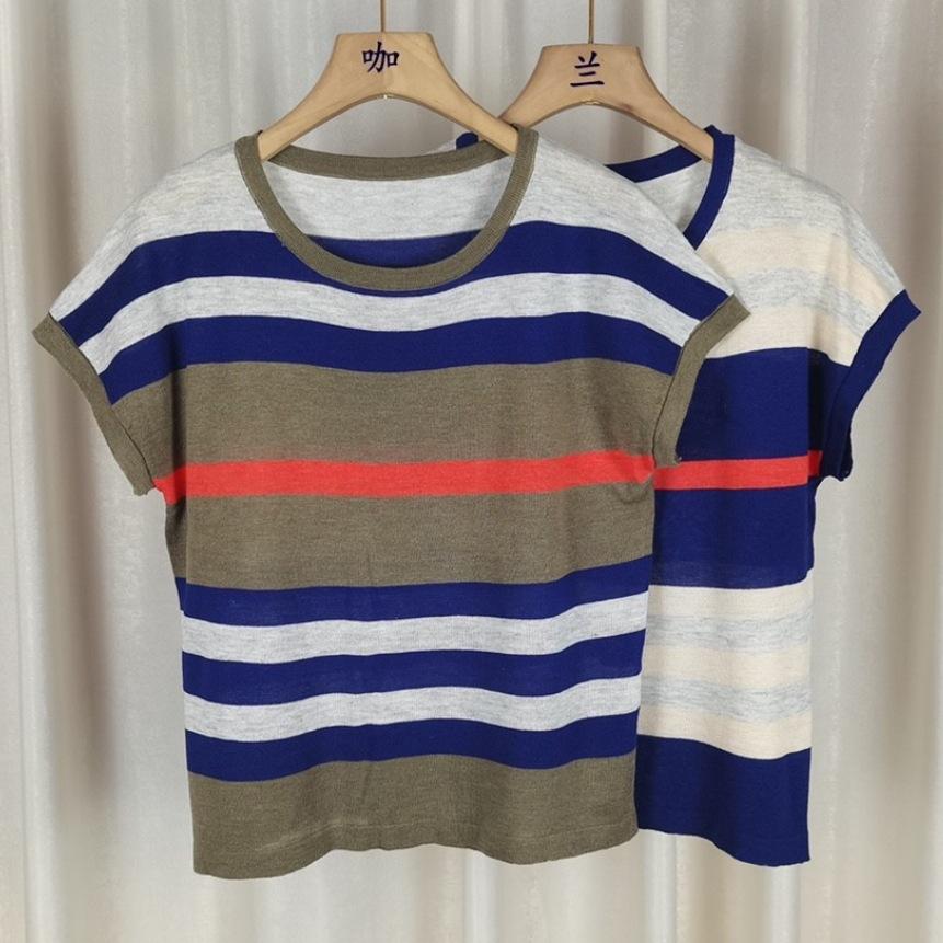 Fashion Design Sense Striped Short-sleeved Knit Sweater Women Summer Niche Fashion Temperament Loose Tops Casual Essential Slim Fit Pullovers Tees