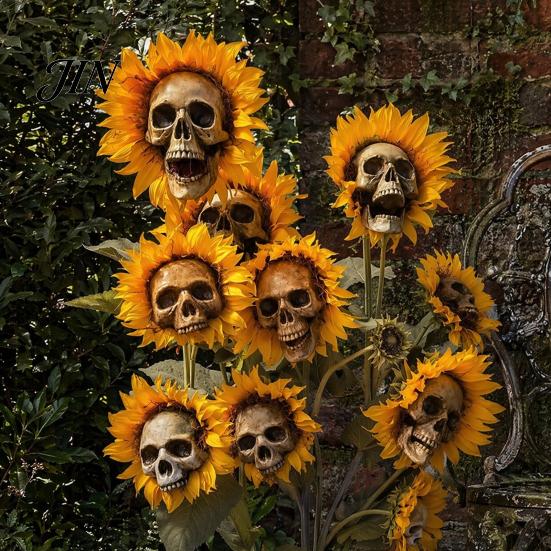 Halloween Lawn Decoration Sunflower Skull Ornament, Theme Garden Decor, Potted Skeleton Flower Pot Plant Waterproof Outdoor Decoration, for Patio Yard