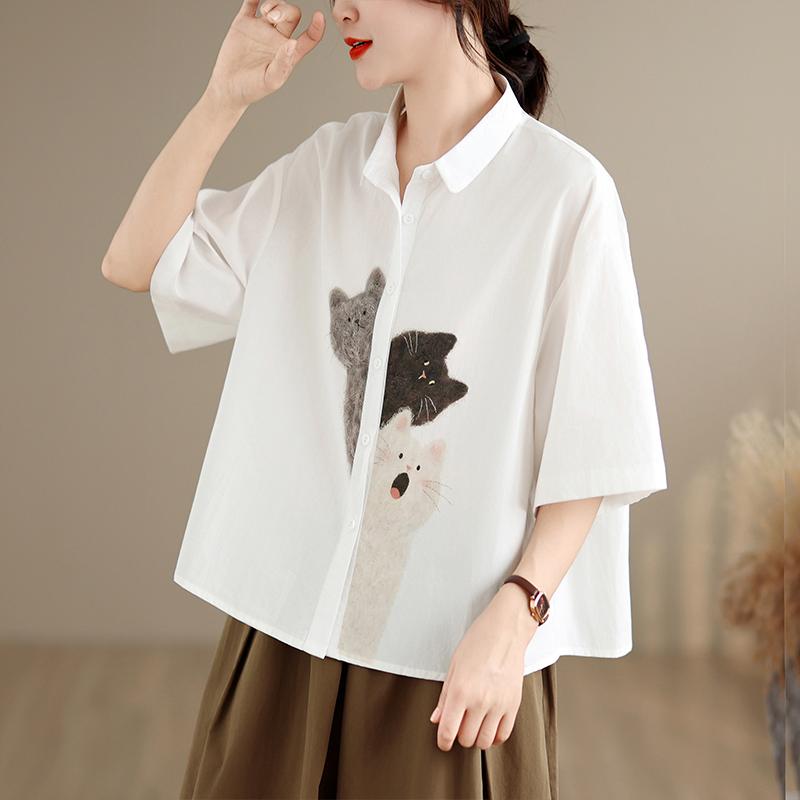 DIMANAF 2026 Women Plus Size New Summer Blouse Shirt Short Sleeve Cotton Print Casual Loose Lady Tops Shirts