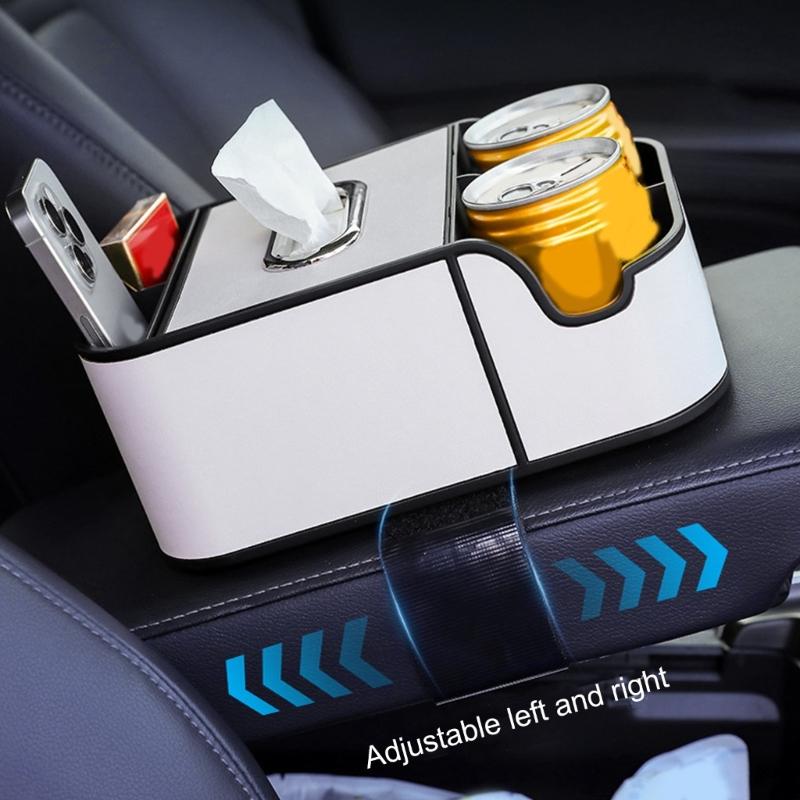 Car Interior Storage Box Leather Organizer Tray Car Center Console Armrest Extra Storage Box Tissue Holder 2 Cup Holders