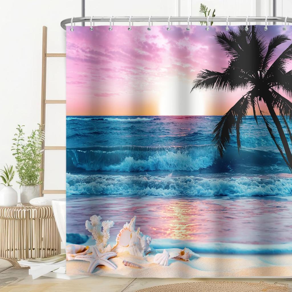 Beach Coastal Shower Curtain Summer Hawaii Ocean Seaside Sunset Sunrise Shower Curtains For Bathroom Waterproof Bath Curtain
