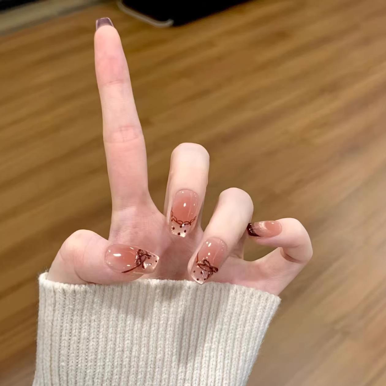 Elegant Brown Butterfly Lace French Cat Eye Press-on Nails - Gentle, Removable Manicure Pieces Medium