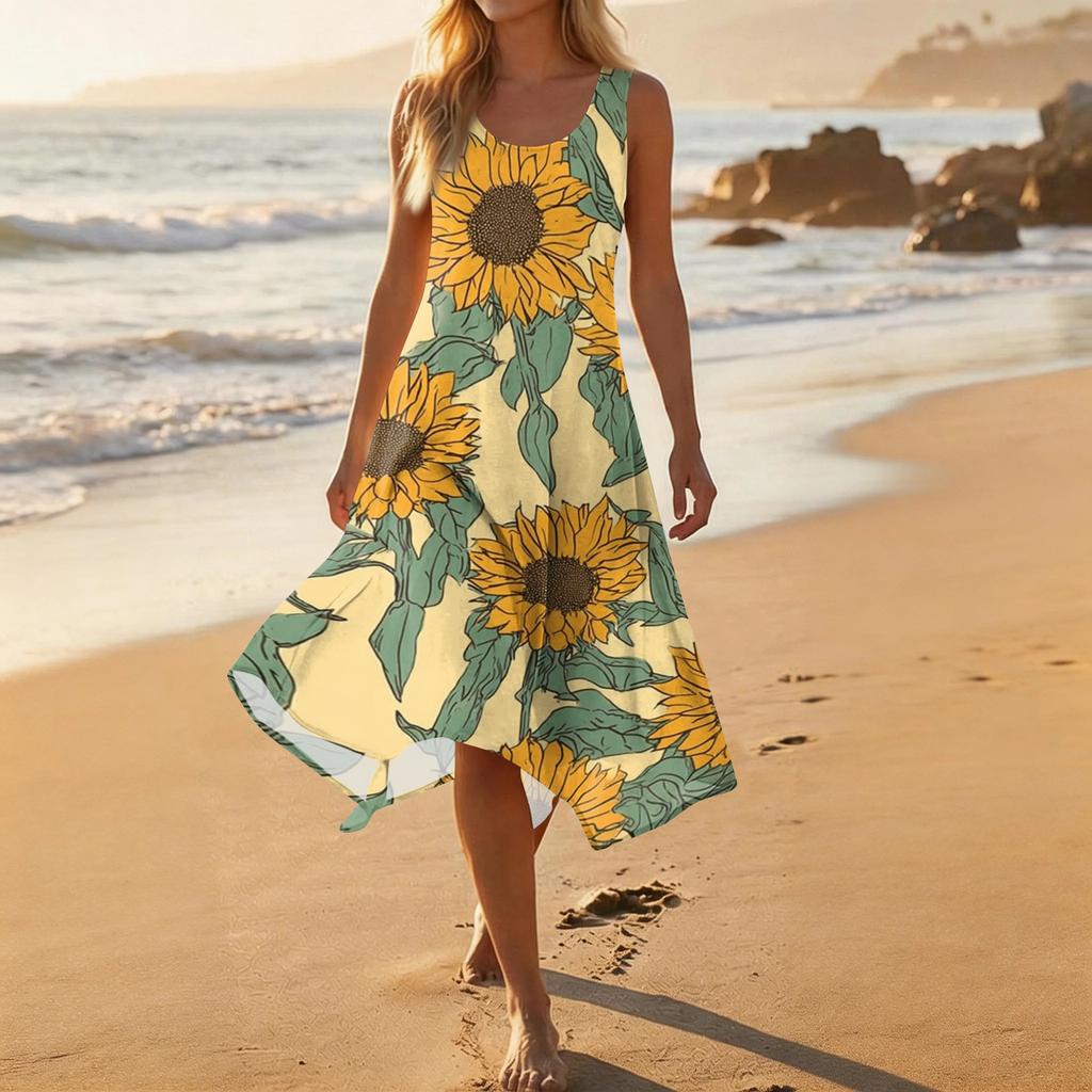 Women Sleeveless Casual Floral Print Midi Dress Round Neck Asymmetric Hem Summer Beach Dress