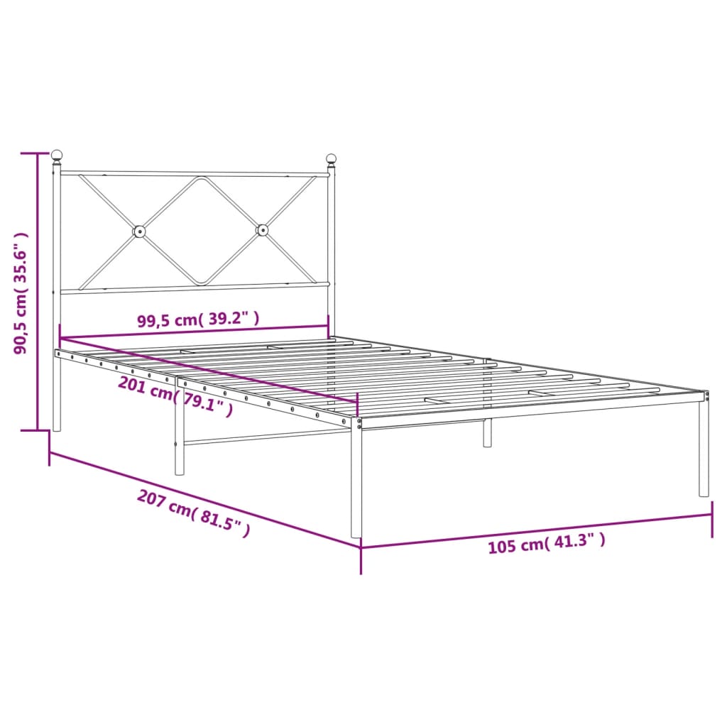 Vidaxl Metal Bed Frame with Headboard, White, 100X200 Cm