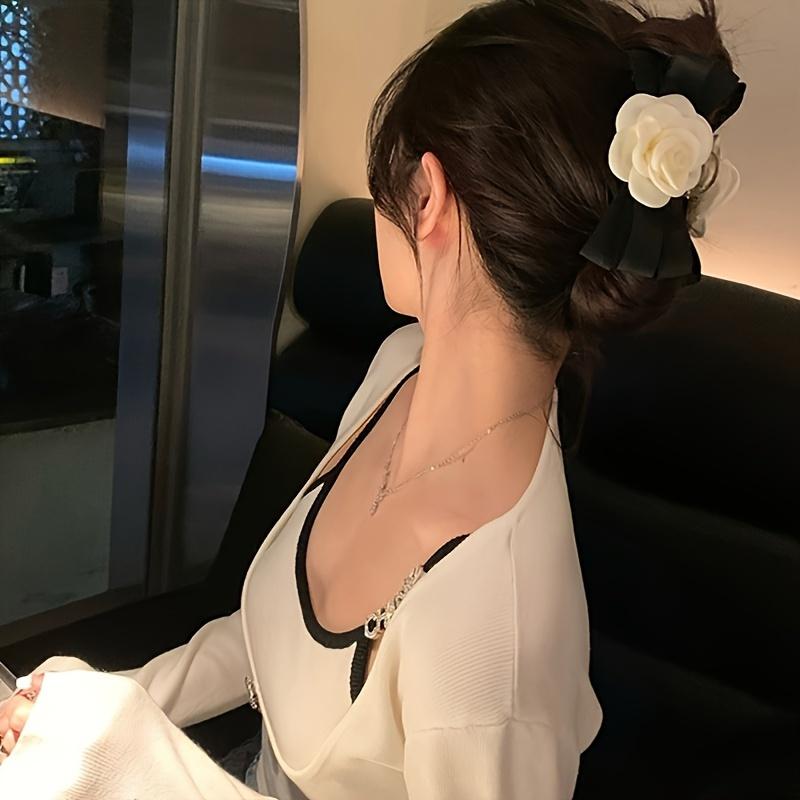 Elegant Floral Hair Claw Clip with White Camellia Flower and Black Bow - Plastic, Large Size, Birthday Festival Accessory