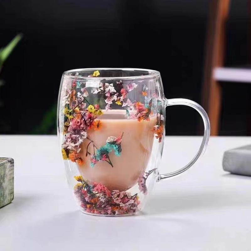 Tasse à café en verre à double paroi 200/350 ml, résistante à la chaleur, avec poignée, pour fleurs séchées, lait, jus de fruits