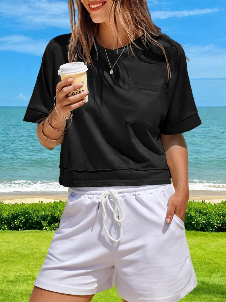 Womens Oversized Crop T Shirt Short Sleeve Workout Tee With Side Pockets