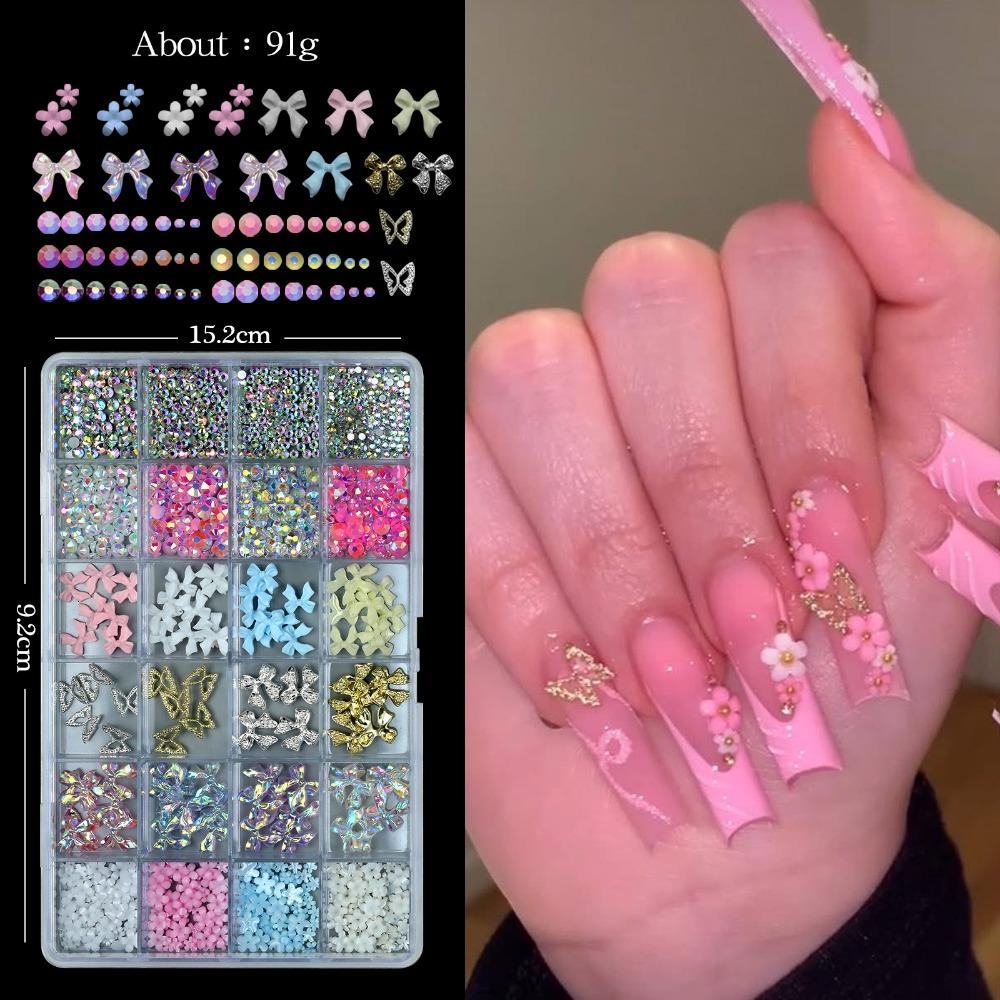Bowknot Flower Nail Art Decorations Set Sweet Nail Parts Kits 3D Acrylic Nail Charms  for Nail Art