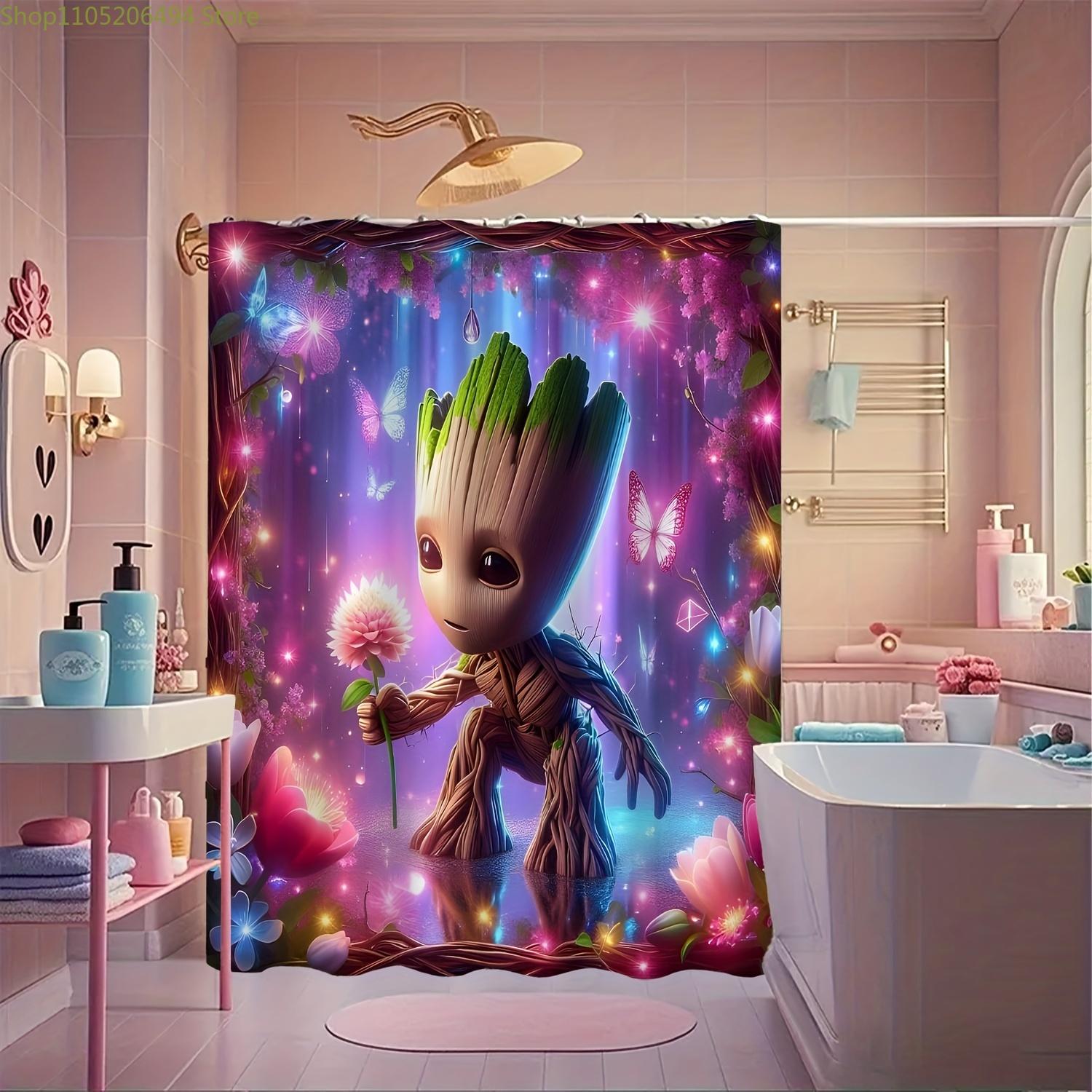 

1pc Marvel Groot Shower Curtain with Hooks - Vibrant Polyester Design, Machine Washable, Unlined, Cartoon Character Bathroom D 90x180cm