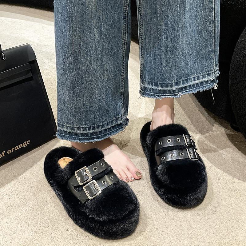 Fashion 2025 Women Furry Belt Buckle Slippers Winter Fashion Thick Sole Flats Ladies Casual Slip On Bedroom Slides Soft Half Slippers