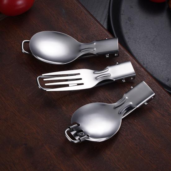 Stainless Steel Folding Spoon Fork Cutter Straw Brush Outdoor Camping Picnic Hiking Collapsible Cutlery Flatware Utensils