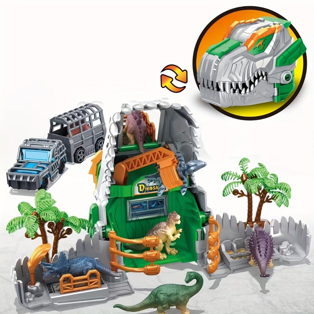 Jurassic Dinosaurs Park Playset Transformer Dino Base Educational Toy with Dinosaur Model Figurines Truck Tree Cage Gift for Boy