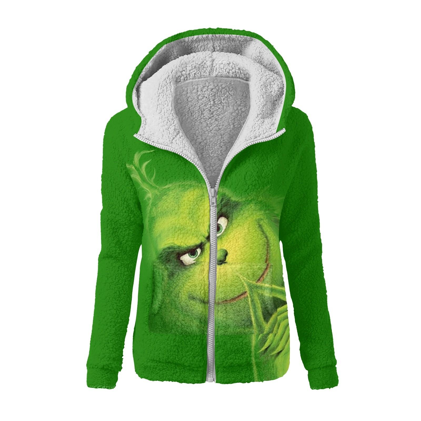 Women s Winter Print Casual Fashion Plush Hooded Zip Sweater Jacket XXL