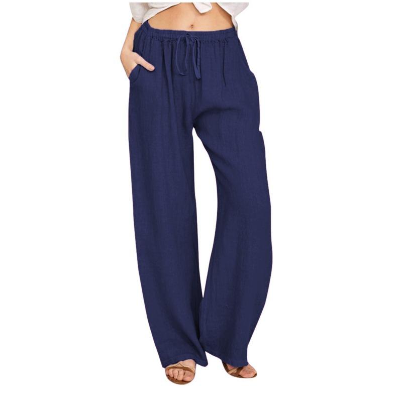 Casual Loose Wide-Leg Linen Pants with Elastic Lace-Up Waistband and Pockets