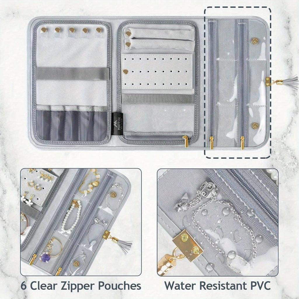 Jewelry Travel Organizer for Women, Tangle Free Portable Leather Jewelry Storage Roll Bag Envelope Clutch, Waterproof Lightweight Jewelry Case Holder