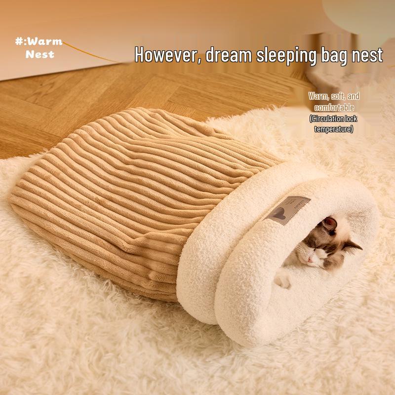 Koselig høst- og vinterkjæledyrrede: Innelukket sovepose og tunnel for katter og små hunder - Ideell for en følelse av trygghet og varme.