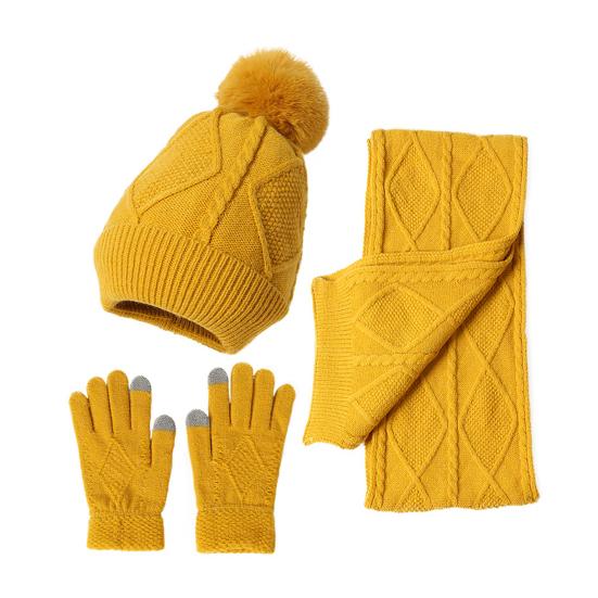 3Pcs/Set Women Winter Hat Scarf Gloves Set Plush Ball Decor Rhombus Texture Knitting Hat