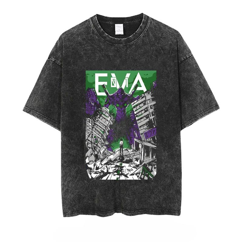 Anime Eva Men's T-shirt Washed Vintage Loose Summer Women's Printed Short-sleeved Tees Oversized Gym Y2k Clothes Harajuku Tops