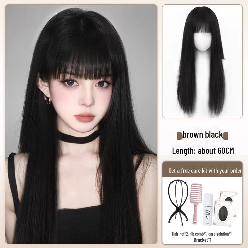 Natural Black Long Straight Wig with Air Bangs - Full Head, Fluffy, Fashionable for Daily Wear