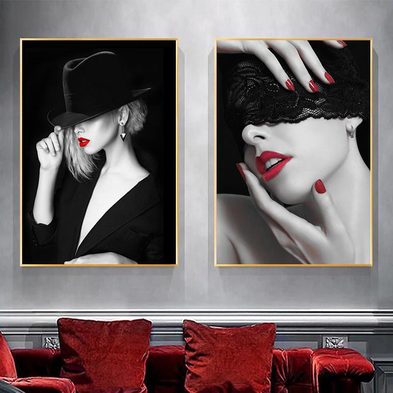 Red Lips Sexy Woman Canvas Painting Fashion Girl Babes Wall Art Pictures Modern Home Livingroom Wall Decoration Frameless