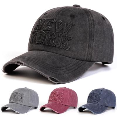 Spring Summer Washed Denim Baseball Cap, "NEW YORK" 3D Embroidered Distressed Ripped Design, Unisex Fashion Sunscreen Hat