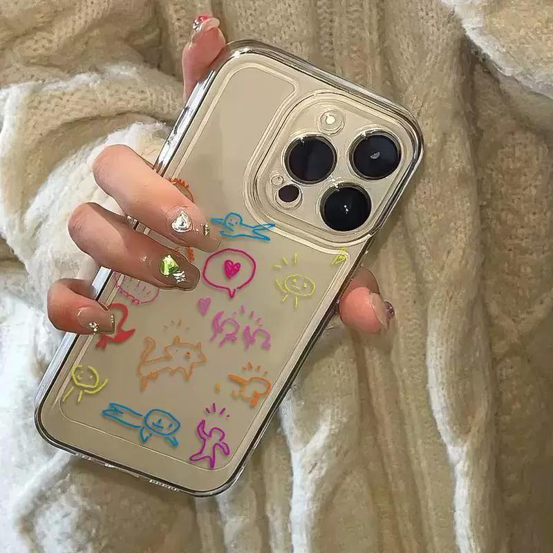 Cute Doodle Clear Phone Case, Colorful Cartoon Dinosaur Animal Shockproof Cover for iPhone