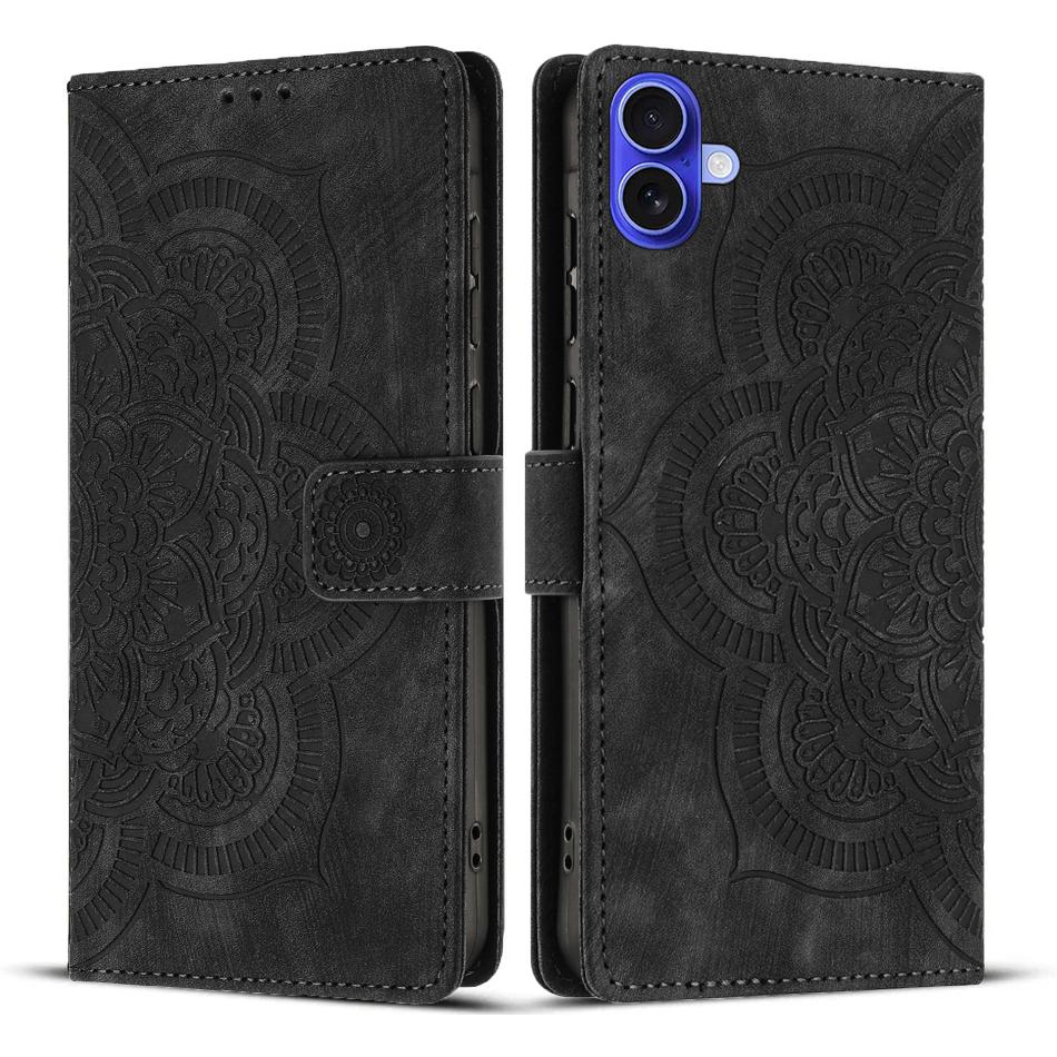 

For iPhone 16 Leather Case WANLONFENG HDM Series Mandala Imprint Wallet Stand Phone Cover Black