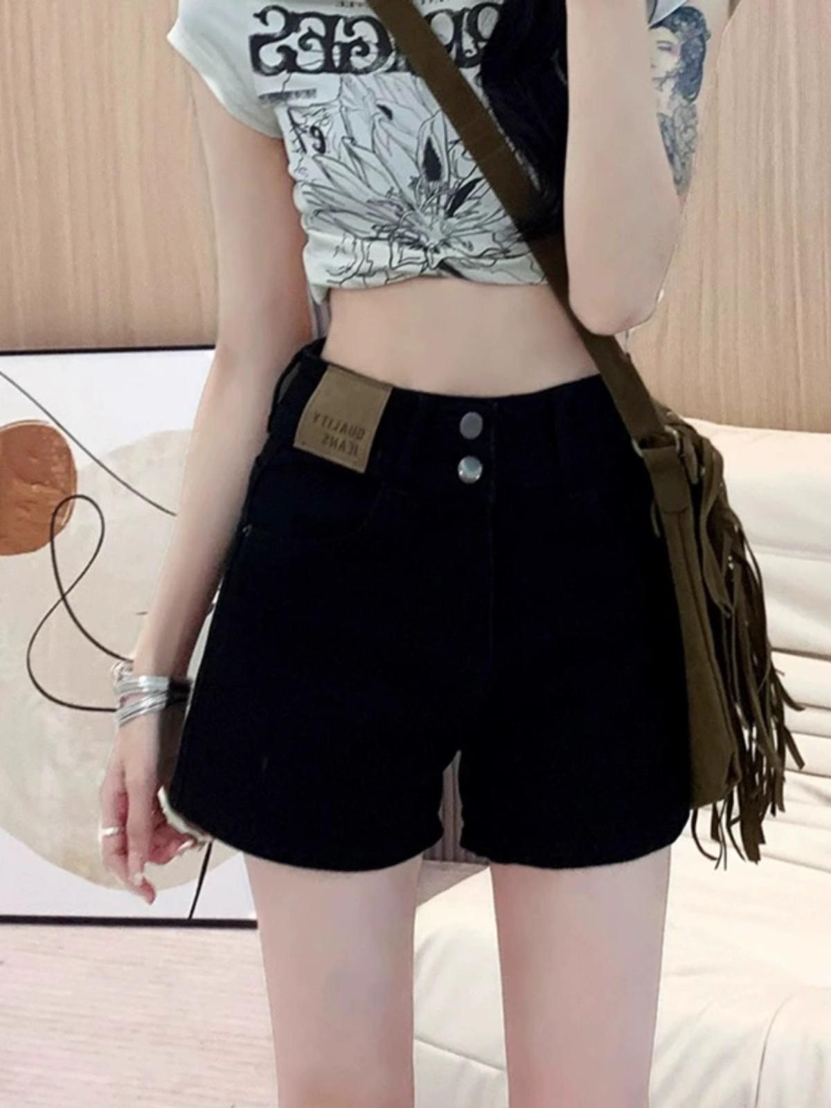 

2026 Summer Women s High-Waisted Yellow-Mud A-line Slimming Straight Leg Hot Shorts 2XL чёрный