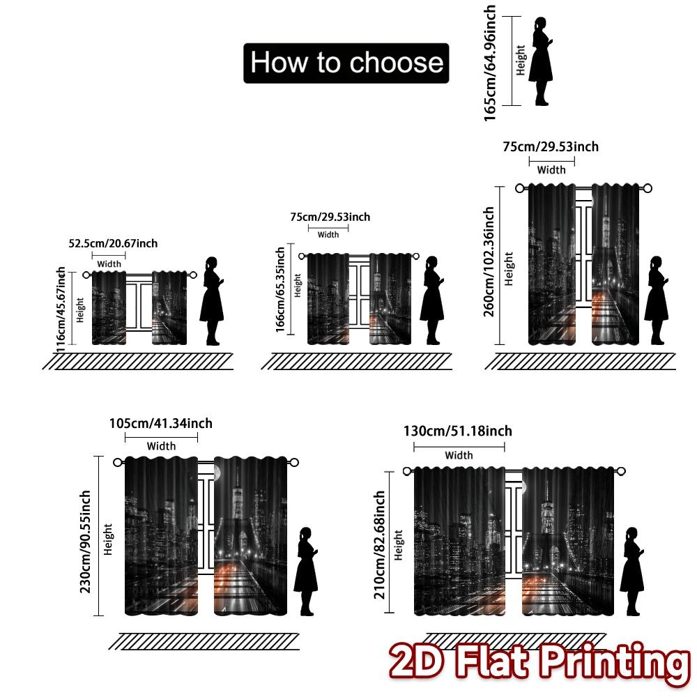 Set Of 2 Minimalist Flat Printing Curtains Without Rod Moonlit Skyline Popular Prints Curtain Semi Sheer Made Polyester
