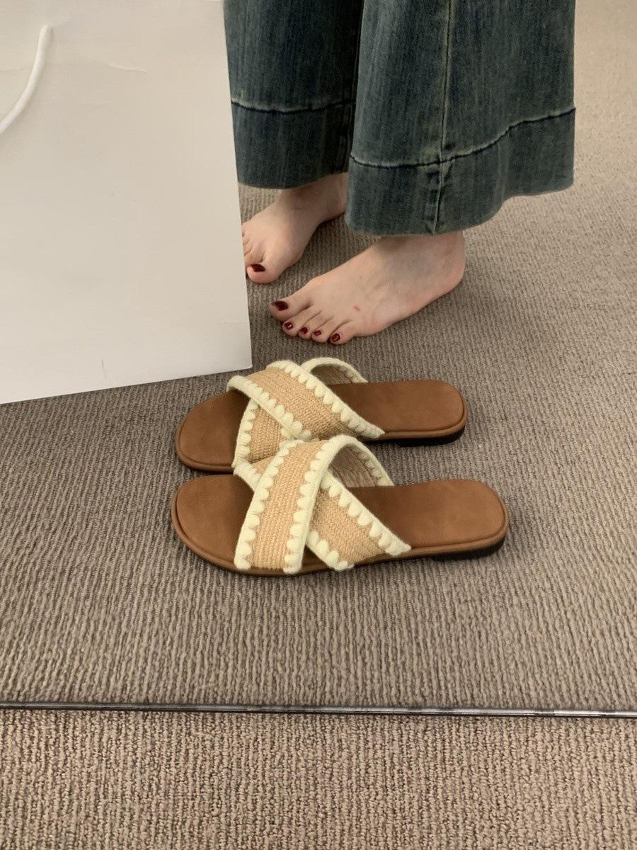 

Тканые шлепанцы с перекрестными ремешками и открытым носком на плоской подошве для летней женской обуви, богемные сандалии для пляжного отдыха на море 40