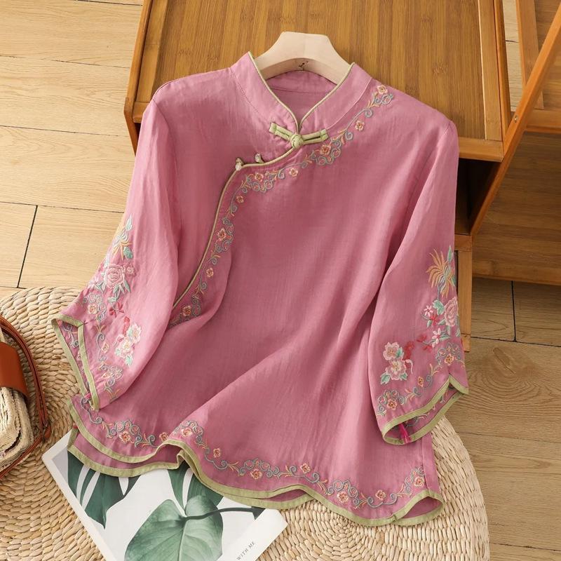 2025 Summer Women's Retro Oblique Collar Cotton-Linen Top with Chinese Embroidery and Buttoned Short Sleeves