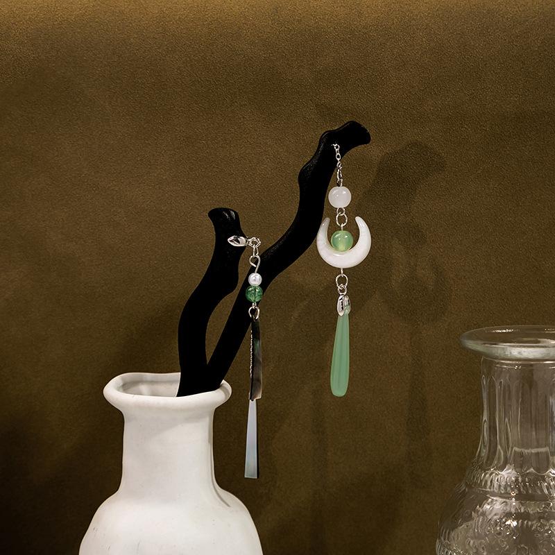 New Chinese Style National Style Jade Tassel Hairpin Light Luxury Style Pearl Hair Ornaments Niche Design Back of The Head Coiffure Hair Fork