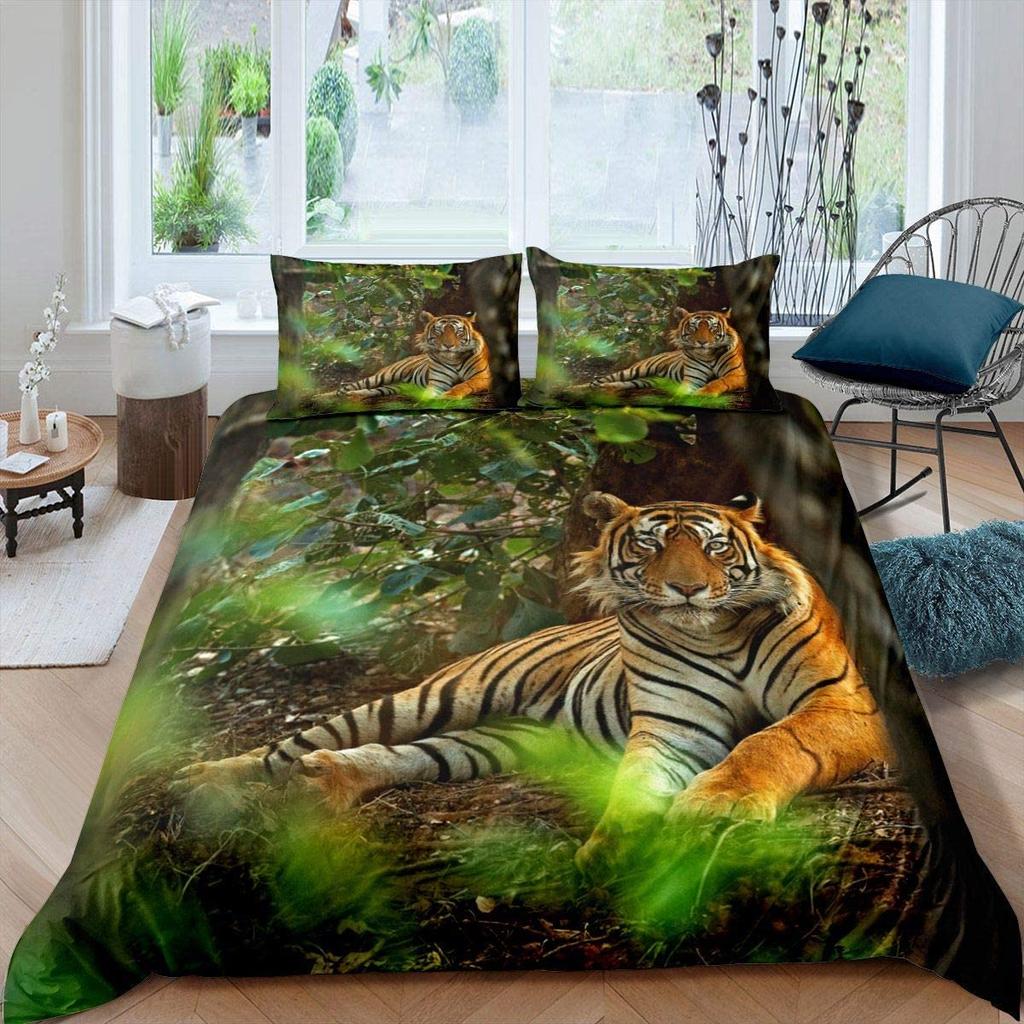 Tiger Wild Animals Duvet Cover Set King Of The Forest Pattern Polyester Comforter Cover King Queen Full Size For Kids Boys Girls