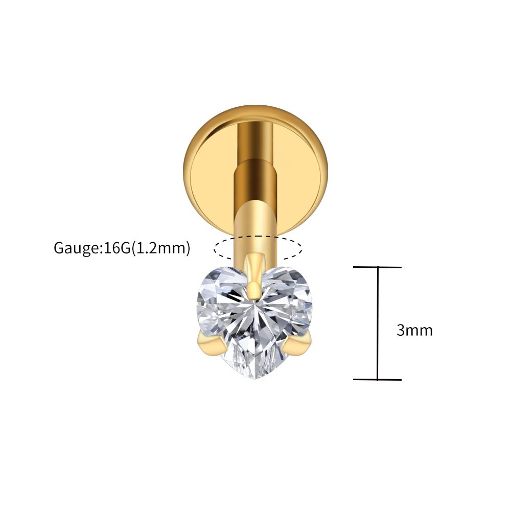 Titanio Genuino ASTM F136 Calibre 16G Corazón CZ Labret Roscado 3mm/4mm/5mm CZ Cartílago Tragus Hélice Stud para Nariz Joyería para Piercing